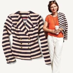 Cabi Women's Striped Double Breasted Blazer Jacket Navy Cream Red Gold Button 6